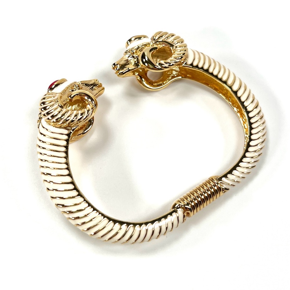 Vintage Kenneth Jay Lane KJL Gold and White Enamel Red Jewel Rams Head Bracelet